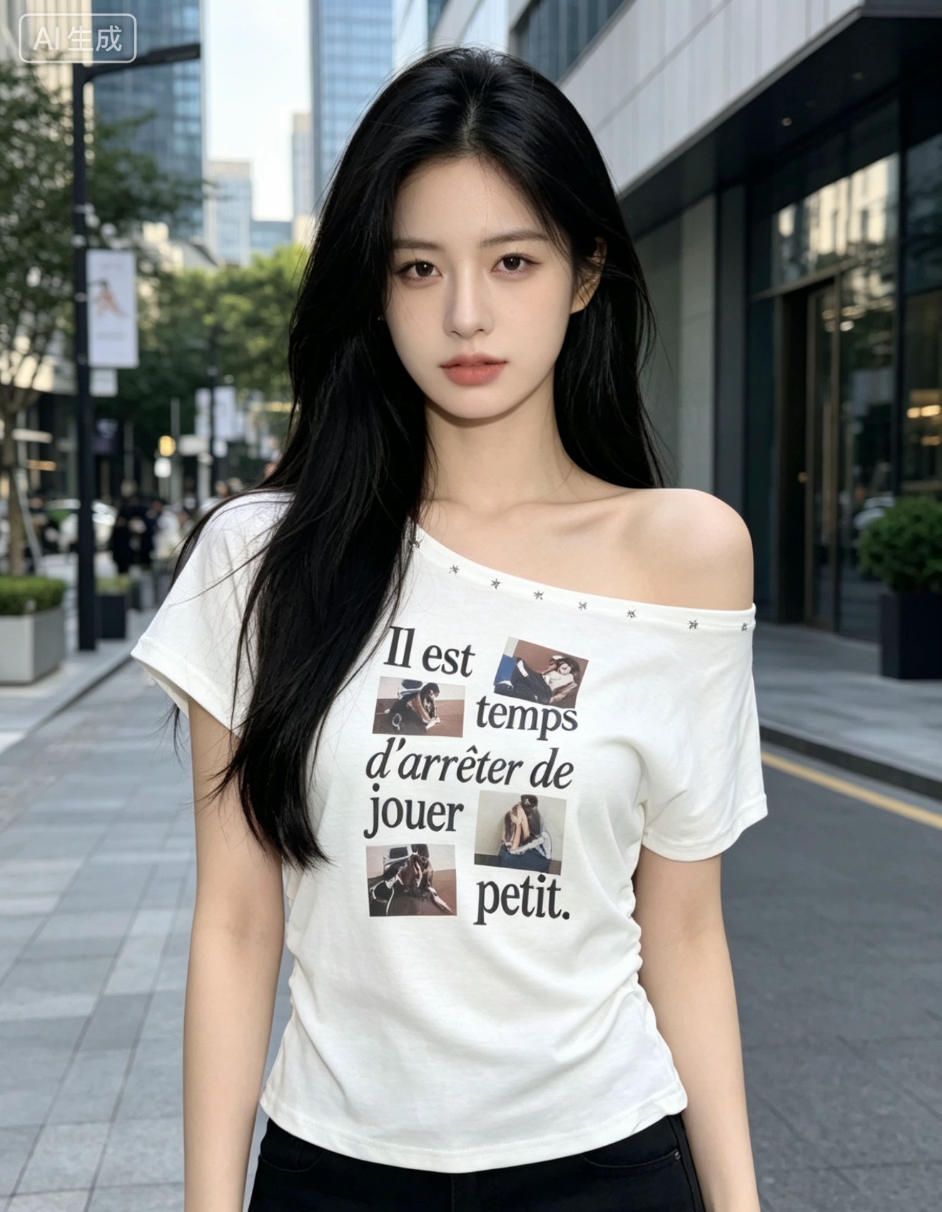 한국 스타일 여름 새로운 아메리칸 핫걸 초상화 프린트 루즈핏 슬림해 보이는 비스듬한 칼라 오프숄더 반팔 티셔츠 여성 셔츠