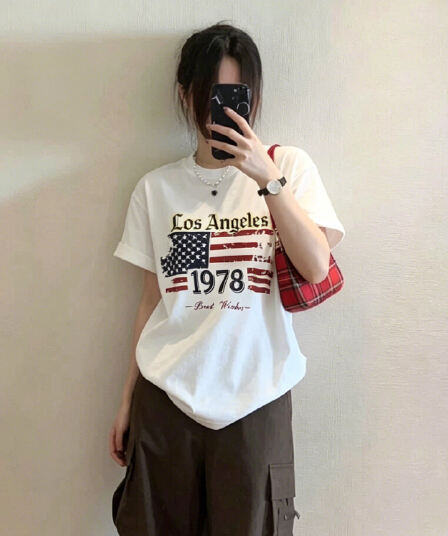 레트로 프린트 반팔 티셔츠 여성 대 에디션 루즈핏 다용도 라운드 넥 캐주얼 맨위