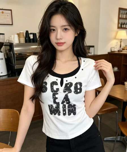 알파벳 프린트 페이크 레이어드 행침 목 반팔 티셔츠 여성 여름 새로운 한 부서 디자인 센스 작은 대중 핫걸 몸매 가꾸기 맨위
