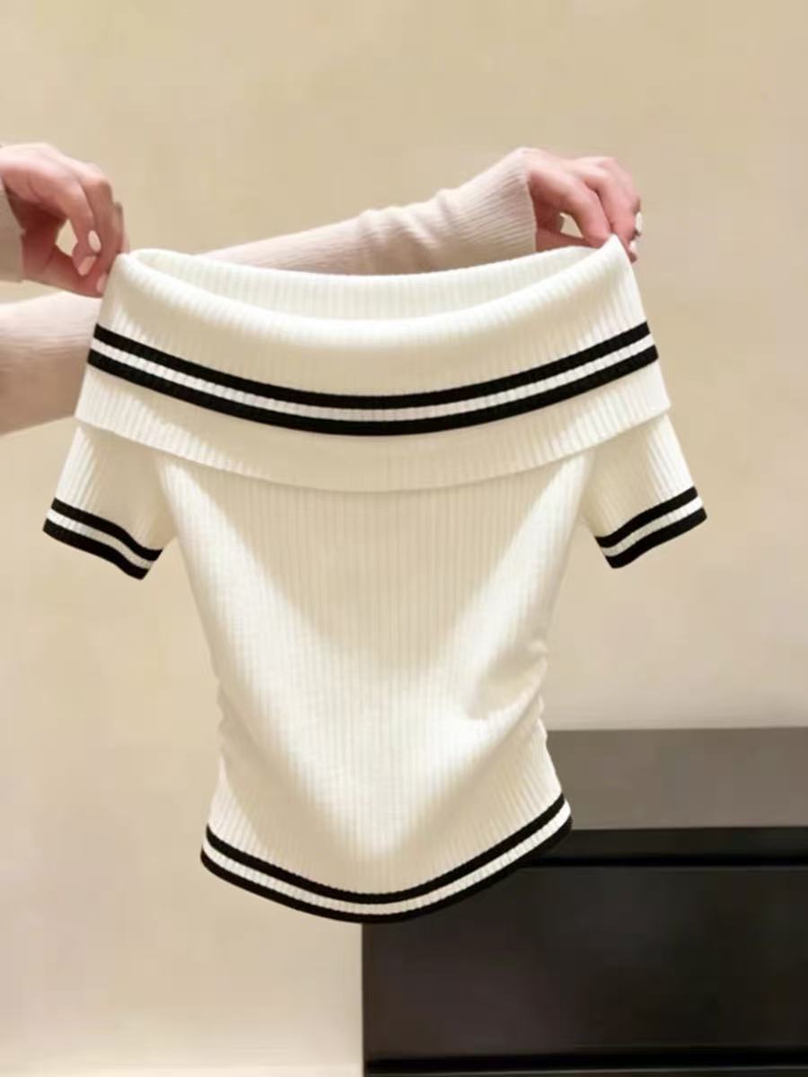 한 부서 chic 화이트 스트라이프 오프숄더 반팔 기본 셔츠 여성 여름 새로운 슈퍼 잘 생긴 몸매 가꾸기 슬림해 보이는 맨위