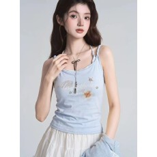 批发灰色假两件格子挂脖无袖<b class='q'>吊带</b>背心女夏外穿内搭<b class='q'>打底</b>遮副乳辣妹上衣