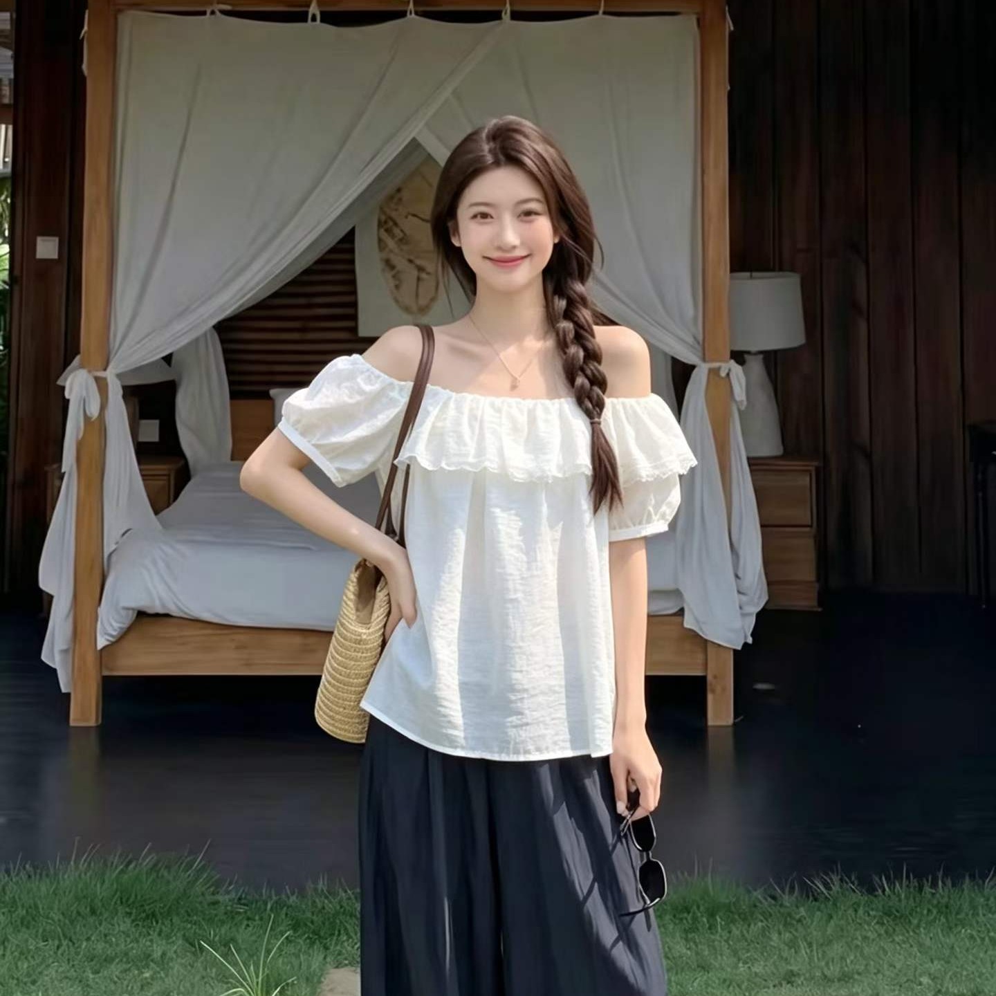프랑스식 디자인 센스 프릴 오프숄더 거품 소매 여성 셔츠 여름 2026 패션 루즈핏 연령 감소 맨위