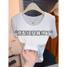 批发正肩U领短袖T恤女2026夏季绿色修身显瘦百搭时尚螺纹棉<b class='q'>打底衫</b>上衣