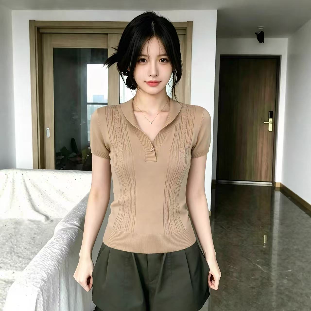 카키 색 홀로우 아웃 트위스트 꽃 니트 반팔 티셔츠 여성 2026 여름 새로운 아메리칸 레트로 몸매 가꾸기 슬림해 보이는 맨위