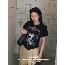 批发美式复古玫瑰印花短袖T恤女夏季新款宽松显瘦甜酷风<b class='q'>街头</b>潮流上衣