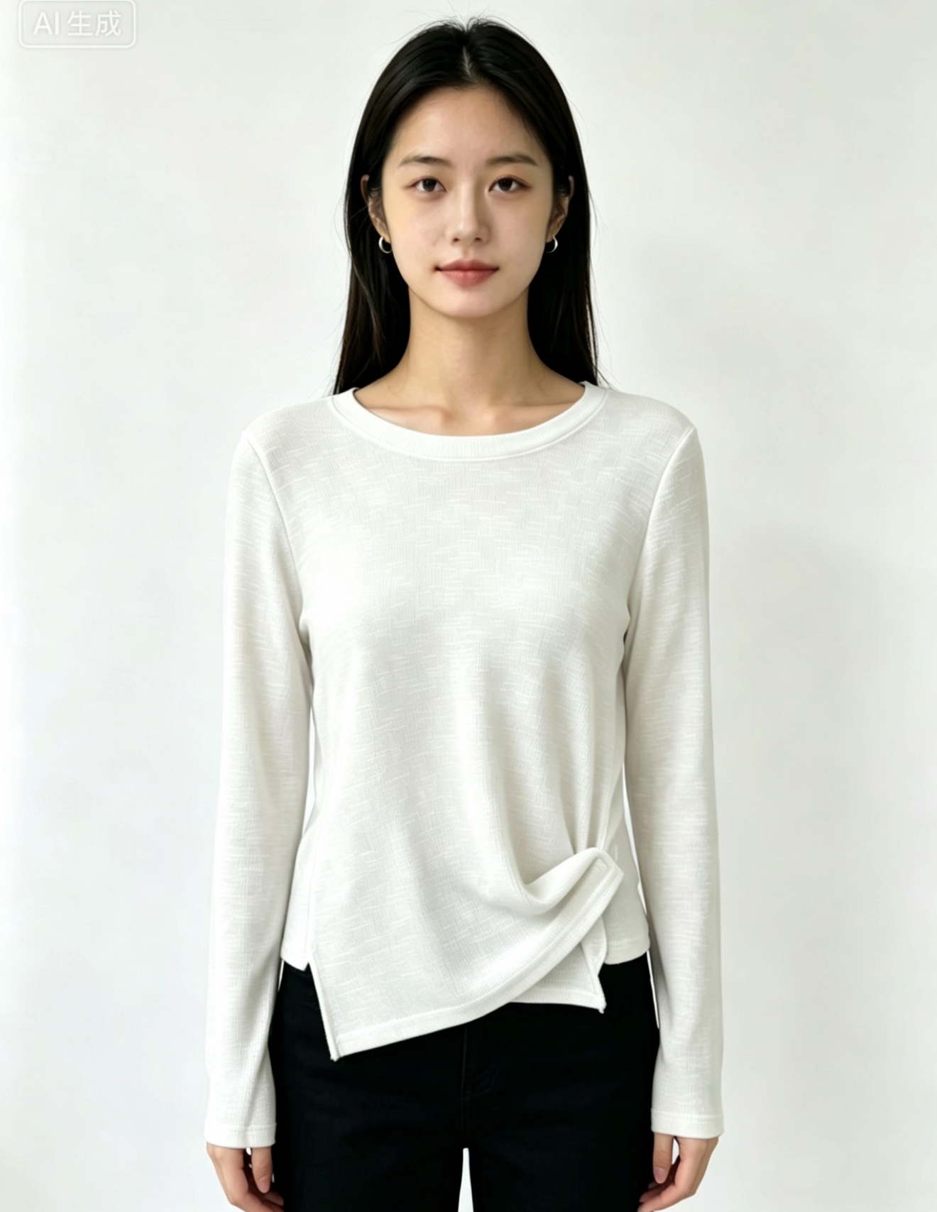작은 대중 디자인 센스 비틀림 허리 수축 긴팔 맨위 여성 대나무 마디 면 프로 피부 단색 라운드 넥 기본 셔츠 다용도 티셔츠