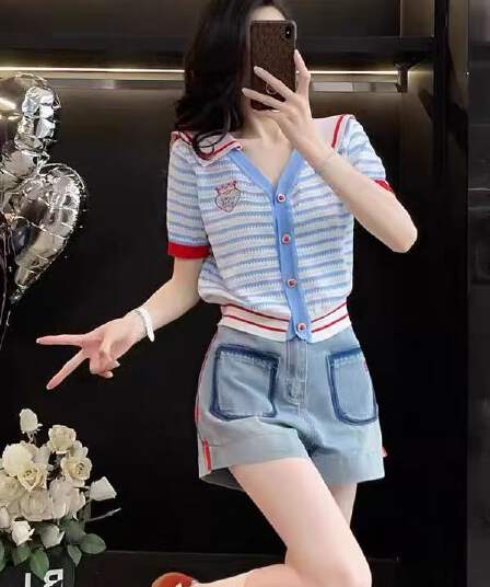 학원 스타일 패치워크 해군 칼라 스트라이프 니트 오픈 가디건 여성 여름 반팔 디자인 센스 작은 키 다용도 슬림해 보이는 맨위