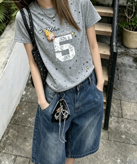 아메리칸 핫걸 긍정적 인 어깨 티셔츠 반팔 여성 여름 풀오버 라운드 넥 별 몸매 가꾸기 연령 감소 슬림해 보이는 일반 맨위 얇은