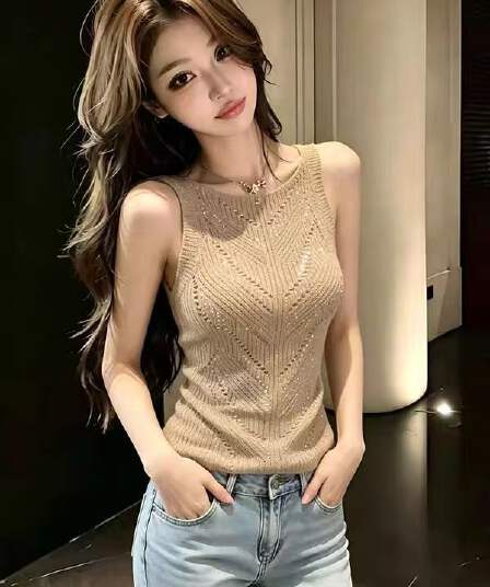 세련된 절묘한 빛 럭셔리 핫픽스 행침 목 니트 조끼 여성 여름 새로운 무거운 작업 밝은 플래시 슬립 맨위 고급 센스