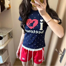 批发美式街头满印波点字母印花正肩短袖T恤<b class='q'>女</b>夏季辣妹风<b class='q'>修身</b>显瘦上衣