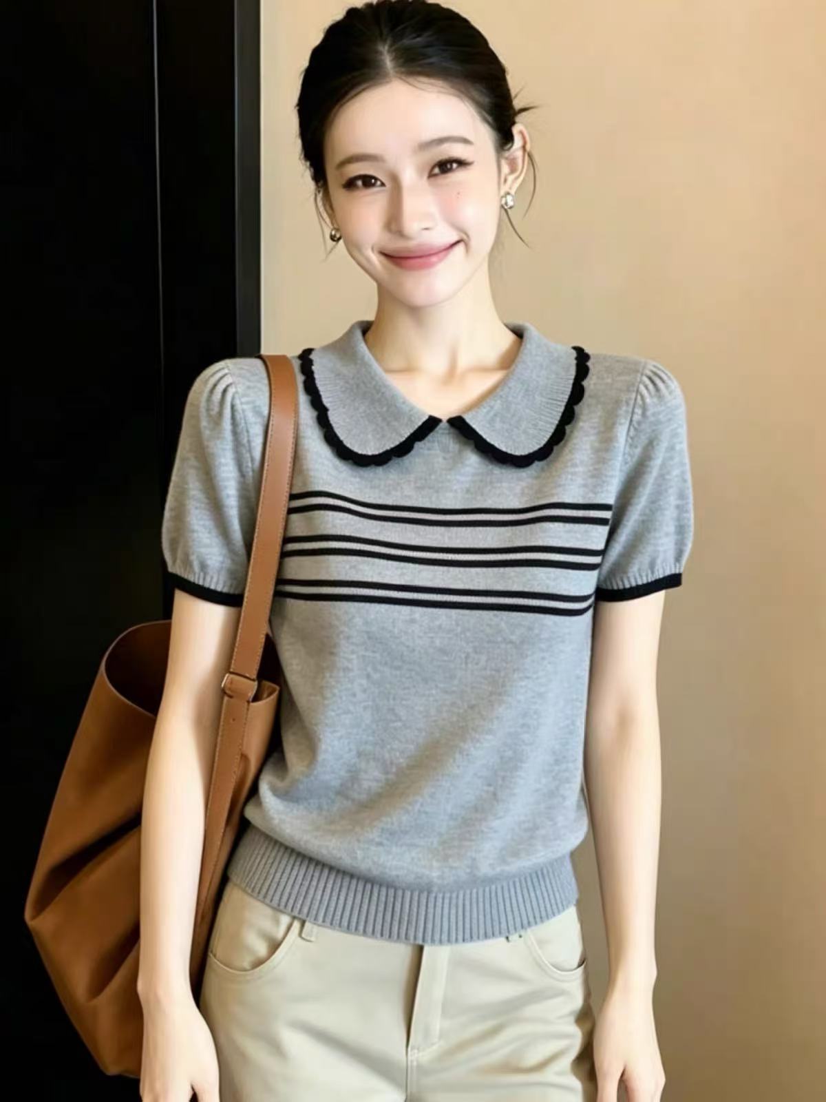 BY30447# 韩系娃娃领针织衫短袖女夏季新款独特漂亮薄款针织衫通勤上衣 服裝批發女裝批發服飾貨源