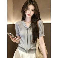 批发针织衫女薄款系带V领冰丝<b class='q'>短袖</b><b class='q'>上衣</b>轻奢风高级感t恤超好看套头