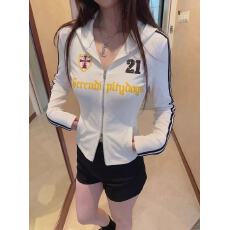 批发复古风白色连帽拉链开衫卫衣女秋季新款修身显瘦印花长袖上衣<b class='q'>外套</b>