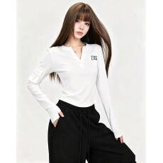 批发美式复古<b class='q'>嘻哈</b>工装风立体口袋V领黑色长袖<b class='q'>t</b><b class='q'>恤</b>修身显瘦正肩短款上衣