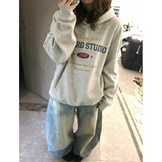 批发美式慵懒风字母印花浅灰色连帽卫衣女秋冬新款宽松别致百搭外套潮