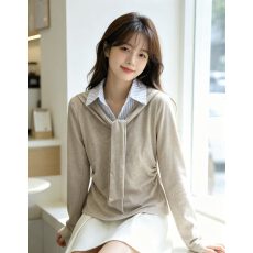 批发拼接条纹<b class='q'>翻领</b>长袖<b class='q'>T</b><b class='q'>恤</b>女秋季修身韩系撞色百搭小众设计感休闲上衣