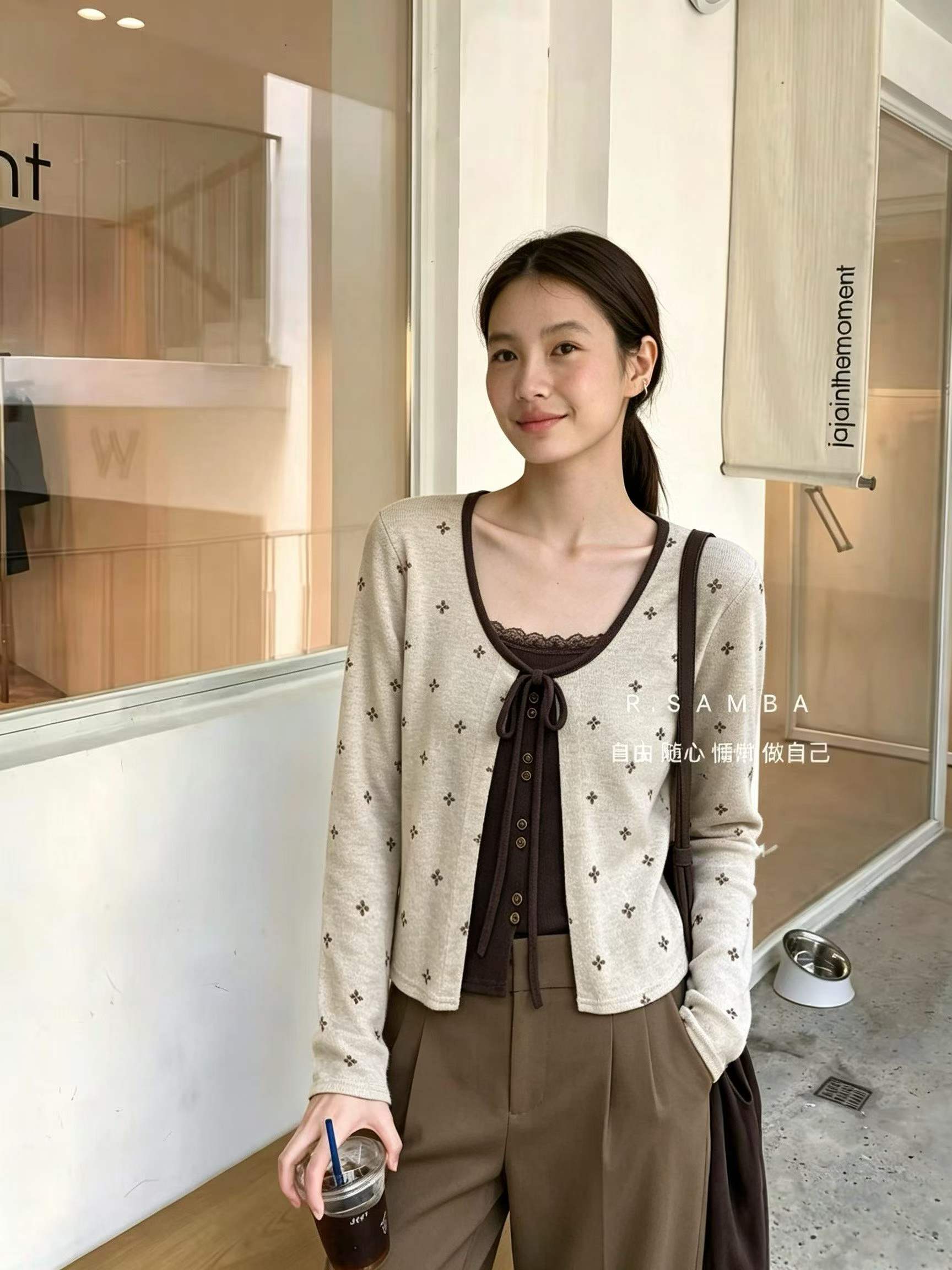 复古拼接假两件碎花长袖t恤女秋...
