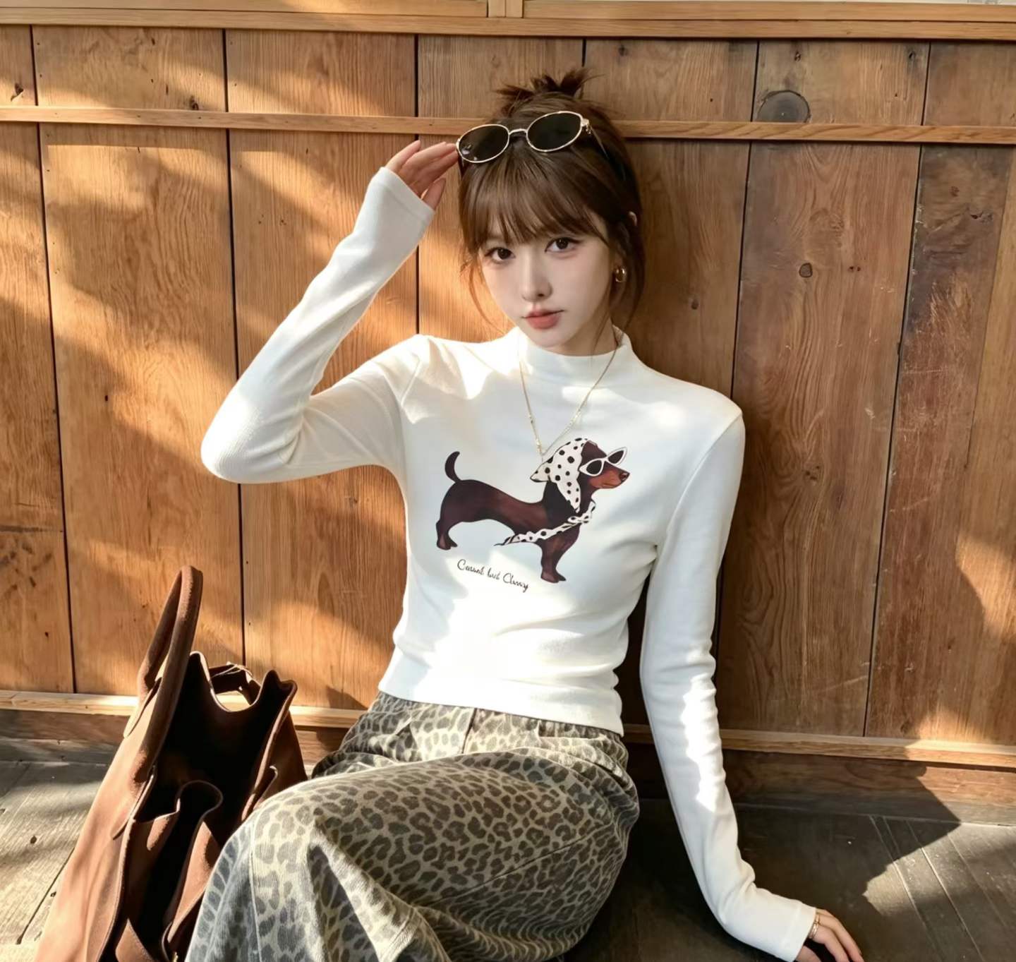 美式辣妹风腊肠狗印花圆领长袖T恤正肩修身显瘦短款上衣女