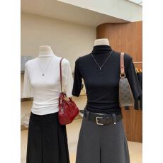 批发韩系高知极简纯色百搭五分袖T恤女秋季半<b class='q'>高领</b><b class='q'>打底衫</b>弹力修身上衣