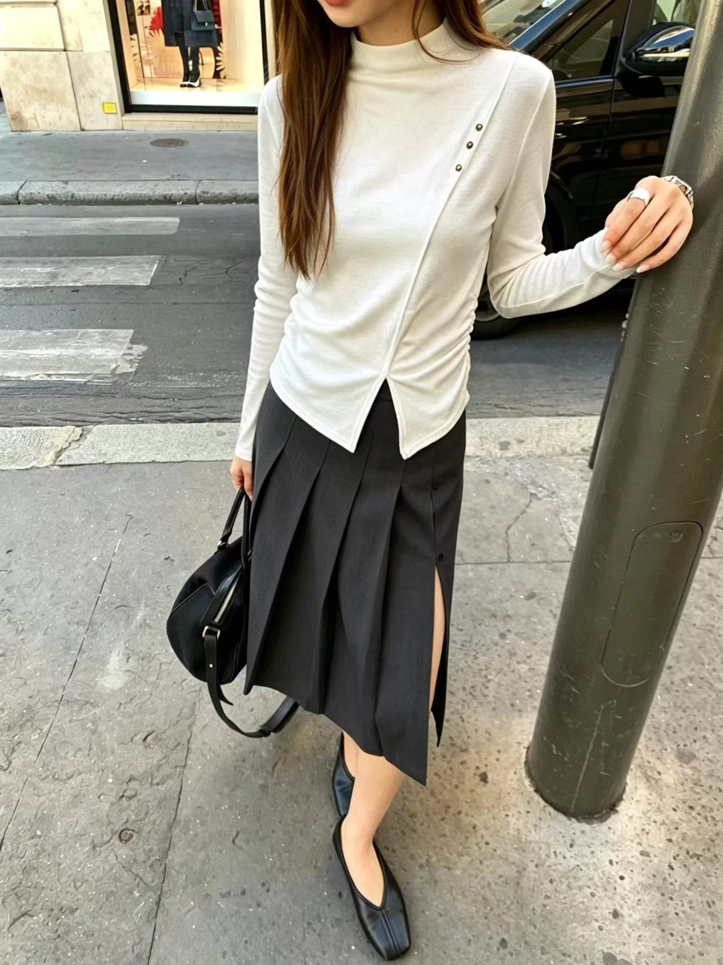 春秋新款半高领长袖褶皱瘦腰打底衫法式修身显瘦时尚内搭上衣 服裝批發女裝批發服飾貨源