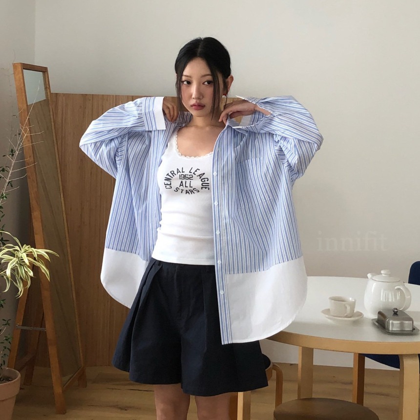 있음 선적 한국 동대문 가을 새로운 작은 대중 디자인 센스 패치워크 배색 스트라이프 긴팔 여성 셔츠