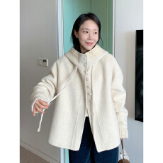批发已出货 韩国东大门拼接针织连帽系带毛呢<b class='q'>外套</b>女