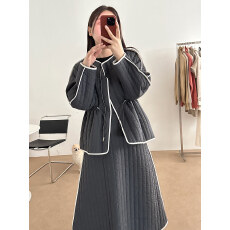 批发<b class='q'>韩国</b>东大门复古赫本风撞色拼接棉衣外套+高腰A字半身裙两件套