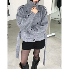 批发韩国东大门西装领双排扣系带短款毛呢外套女