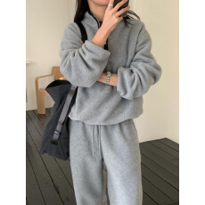 批发韩国东大门小众立领抓绒套头卫衣+高腰阔腿休闲裤<b class='q'>长裤</b>两件套