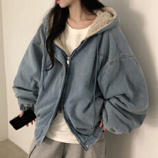 批发韩国chic冬季新款复古慵懒毛绒内里连帽牛仔棉衣<b class='q'>外套</b>女