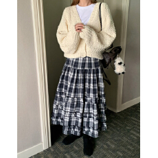 批发复古格纹拼接不规则花边宽松<b class='q'>百搭</b>松紧高腰半身裙2025冬季新款
