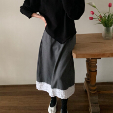 批发复古小众裙摆拼接花边高腰半身裙