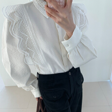 批发法式温柔风蕾丝提花单排扣衬衫