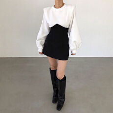 批发法式气质小香风假两件撞色卫衣<b class='q'>连衣裙</b>秋冬季修身百搭<b class='q'>泡泡袖</b>包臀裙