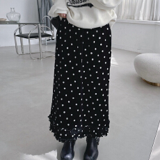 批发复古小众波点提花裙摆拼接花边高腰半身裙秋冬季宽松百搭直筒长裙
