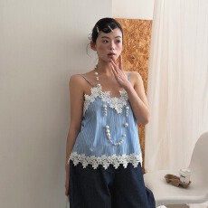 批发韩国东大门小众<b class='q'>设计</b>感蕾丝花边拼接条纹吊带背心上衣女