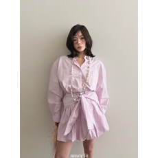 批发韩国东大门小众百搭条纹衬衫+高腰绑带花苞半身裙<b class='q'>两件套</b>