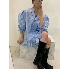 批发韩国东大门小众设计感木耳边拼接条纹衬衫连衣裙女