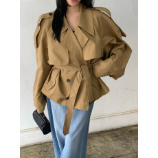 批发韩国东大门复古气质西装领双排扣工装短款风衣外套女
