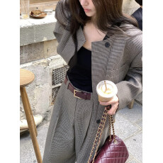 批发韩国东大门复古千鸟格西装外套女+高腰阔腿休闲裤两件套