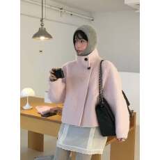 批发<b class='q'>韩国</b>东大门温柔甜美立领两粒扣短款毛呢外套女