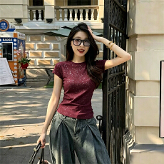 批发230克冰丝罗纹  正肩一字领修身显瘦t恤女复古收腰五分<b class='q'>袖</b>打底<b class='q'>上衣</b>