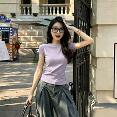 批发230克冰丝罗纹  正肩一字领修身显瘦t恤女复古收腰五分<b class='q'>袖</b>打底<b class='q'>上衣</b>