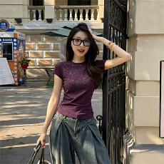 批发230克冰丝罗纹  正肩一字领修身显瘦t恤女复古收腰五分<b class='q'>袖</b>打底<b class='q'>上衣</b>