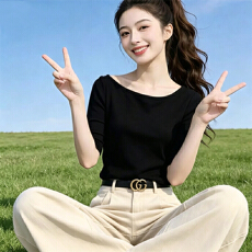 批发230克冰丝罗纹  一字肩五分<b class='q'>袖</b>T恤女新款修身显瘦时尚<b class='q'>上衣</b>气质百搭