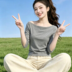 批发230克冰丝罗纹  一字肩五分<b class='q'>袖</b>T恤女新款修身显瘦时尚<b class='q'>上衣</b>气质百搭