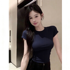 批发230克冰丝罗纹  美式正肩小圆领短袖修身中腰亲肤百搭<b class='q'>紧身</b>上衣<b class='q'>t</b><b class='q'>恤</b>