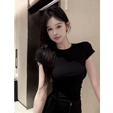 批发230克冰丝罗纹  美式正肩小圆领短袖修身中腰亲肤百搭<b class='q'>紧身</b>上衣<b class='q'>t</b><b class='q'>恤</b>
