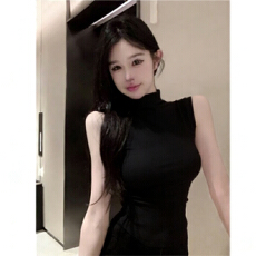 批发230克冰丝罗纹 纯欲风半高领<b class='q'>T</b><b class='q'>恤</b>女新款<b class='q'>紧身</b>立领无袖气质辣妹上衣
