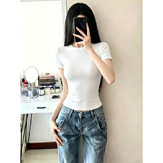 批发230克冰丝罗纹  修身上衣女新款收腰甜酷薄款<b class='q'>紧身</b>显瘦半袖<b class='q'>T</b><b class='q'>恤</b>轻奢